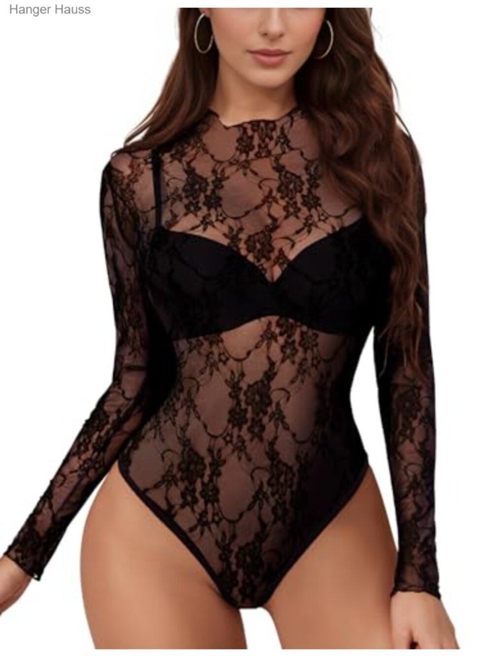 Women's Sheer Mesh Lace Bodysuit Long Sleeve Mock Neck Stretchy Slim Fit Top